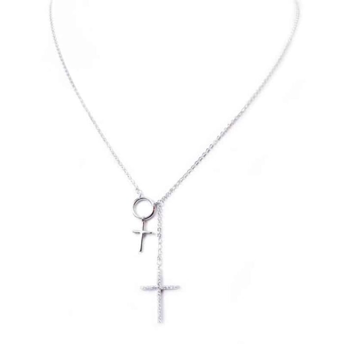 Lant din argint cu doua cruciulite cu cristale zircon  L146 - Imagine 2