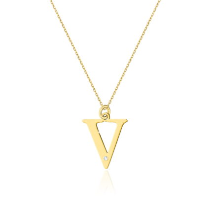 COLIER CU PANDANTIV LITERA V DIN AUR 14K CU DIAMANT 0.005 CT