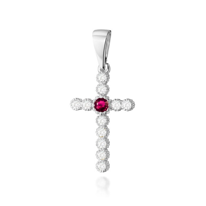 Pandantiv Cruce Aur 14K cu Rubin 0.15 ct si Diamante - Imagine 2