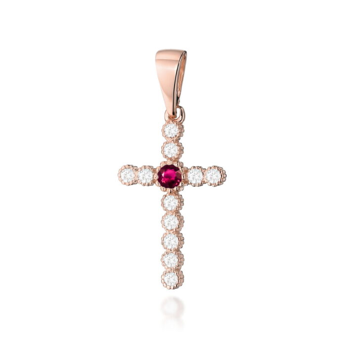 Pandantiv Cruce Aur 14K cu Rubin 0.15 ct si Diamante - Imagine 3
