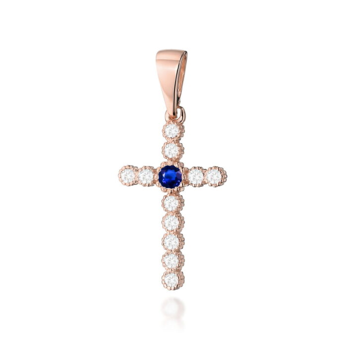 Pandantiv Cruce Aur 14K cu Safir 0.15 ct si Diamante - Imagine 3