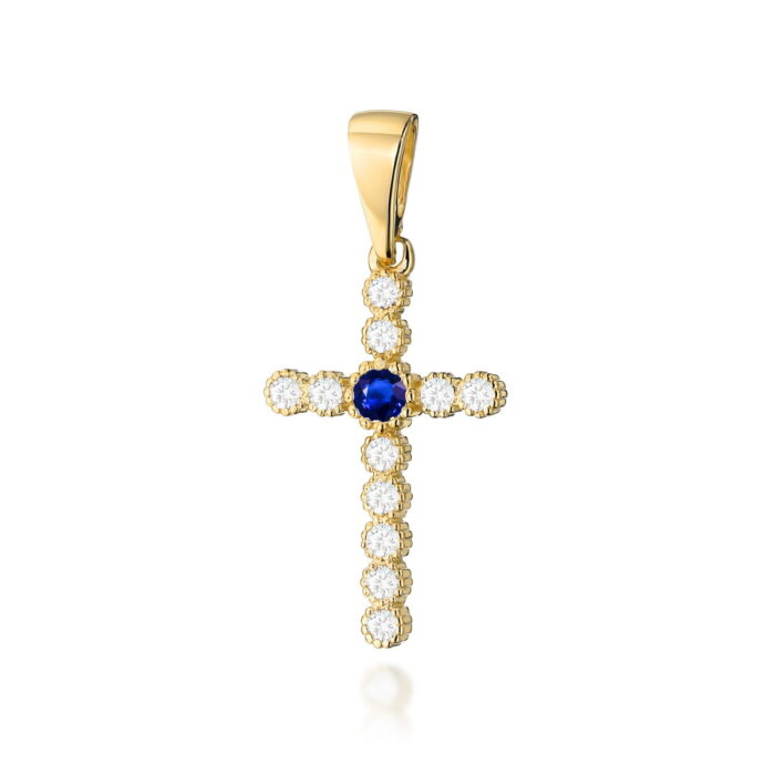 Pandantiv Cruce Aur 14K cu Safir 0.15 ct si Diamante - Imagine 2